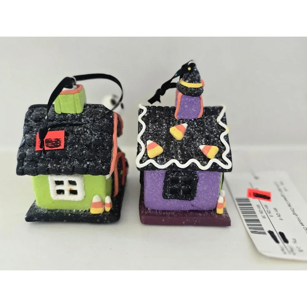 New Set of 2 Halloween Light Up Clay Dough House Ornaments‎  Witch Haunted House